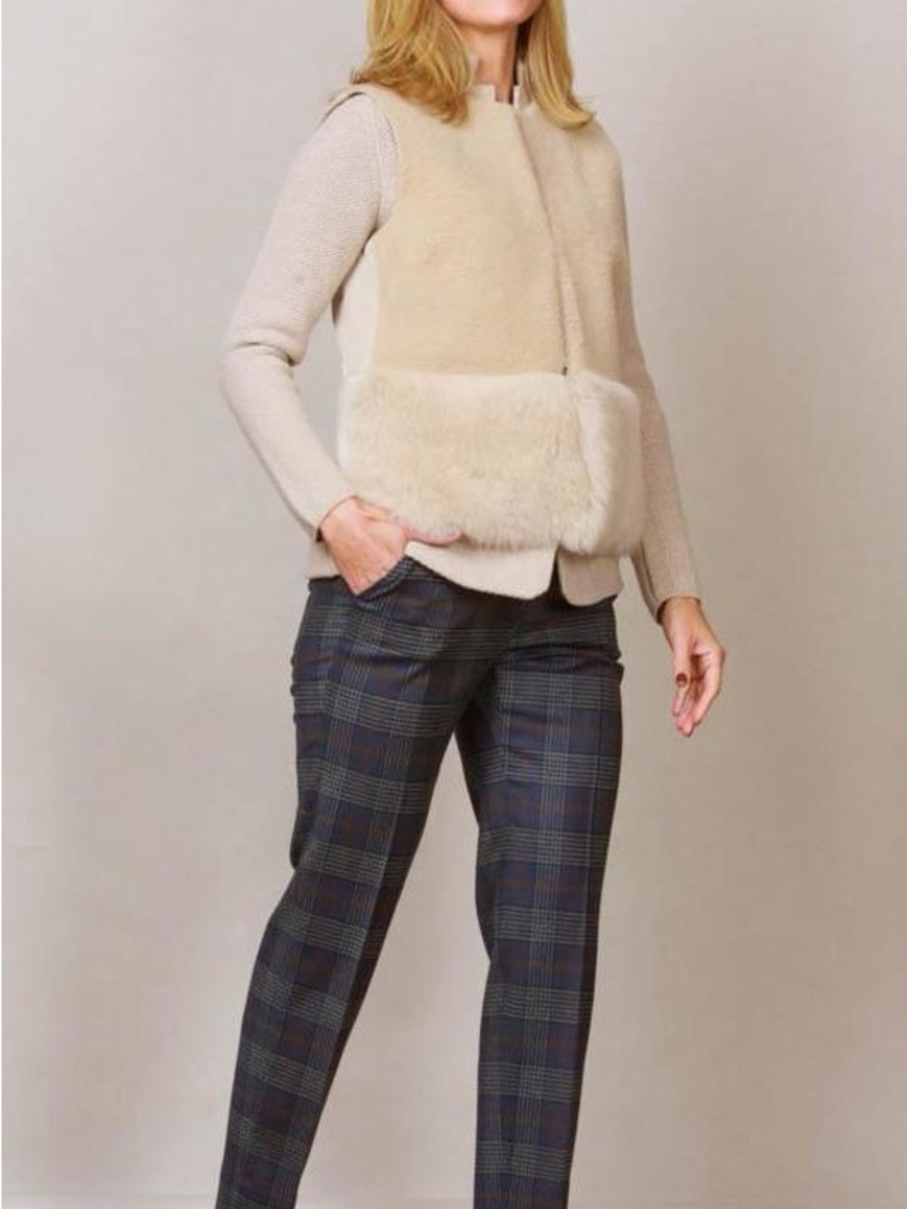 Peserico Women’s Blu Gray Wool Plaid Straight Leg Pant Made In Italy Size 44